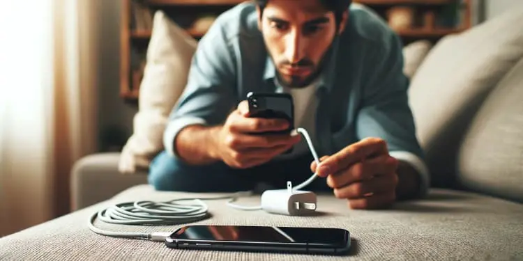 Man having phone in hand  fixing reverse charging issue sitting on couch